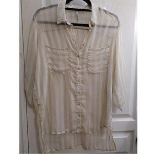 STRADIVARIUS LOOSE SHEER LONG SLEEVE SHIRT IN STRIPES XL